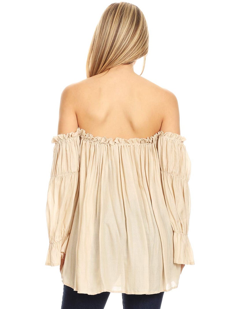 Anna-Kaci Womens Semi Sheer Boho Peasant Long Sleeve Off The Shoulder Top, Beige, X-Large - Image 2